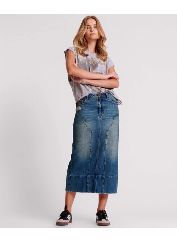 Gritty Blue Cassidy Column Mid Length Denim Skirt